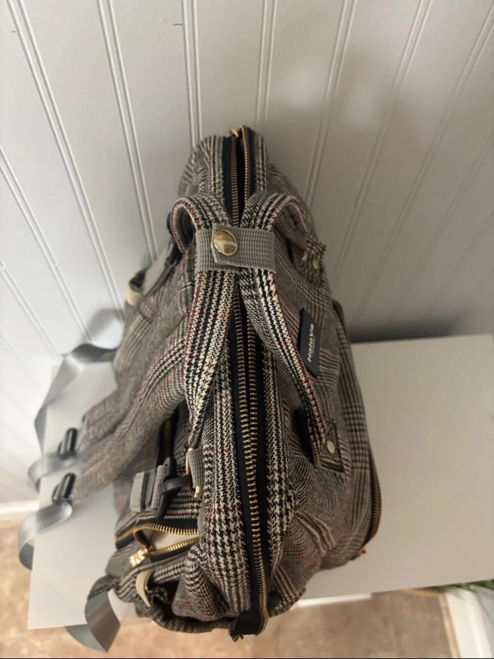 HaloVa Original Gray Plaid Backpack. Diaper Bag Pumping Bag
